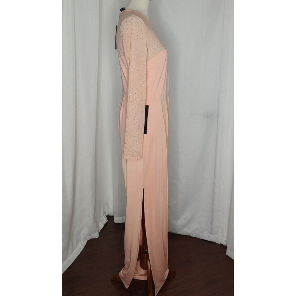 BEBE Jumpsuit L Peach Parfait Embellished Illusion Wide Leg Cocktail Stretch - Picture 7 of 12